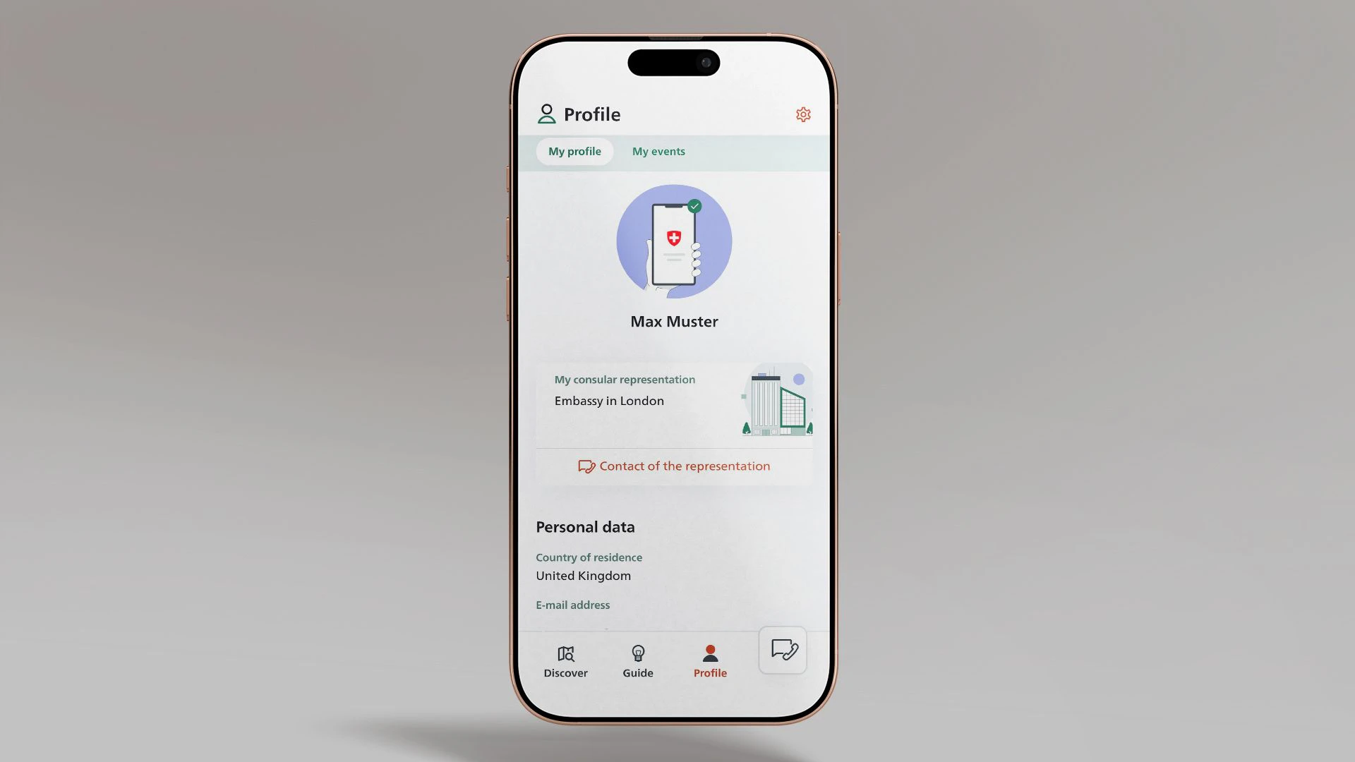 The image shows a smartphone displaying the user profile in the SwissInTouch app.
